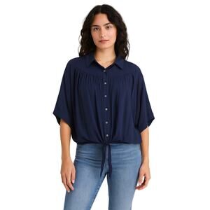 Free People Navy Button Front Tie Hem Blouse – XS (NWT)